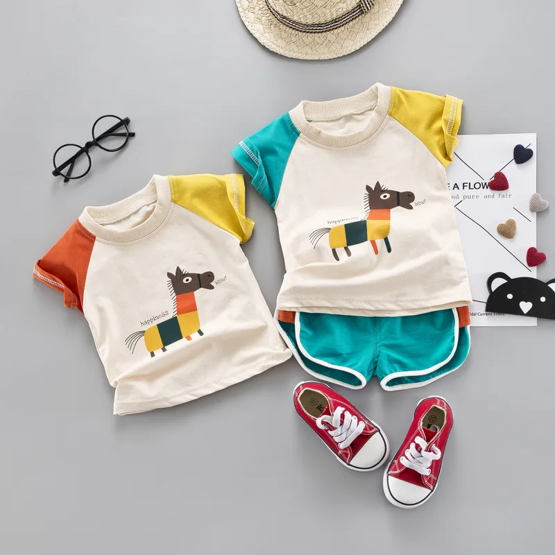 

Summer Clothing Sets Toddler Boy Clothes Cotton Active Cartoon Horse T-shirt+ Shorts 2 Pcs Baby Girl Suit