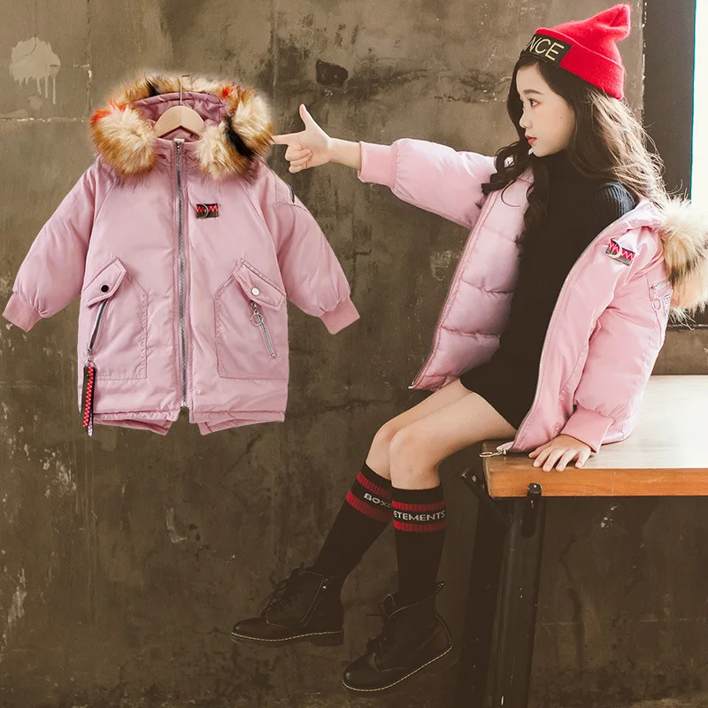 

Girl winter jacket coat Kids coats Zipper Hooded Winter girl parkas Fashion girls warm jacket Fur hood Woven long coat 4-13year