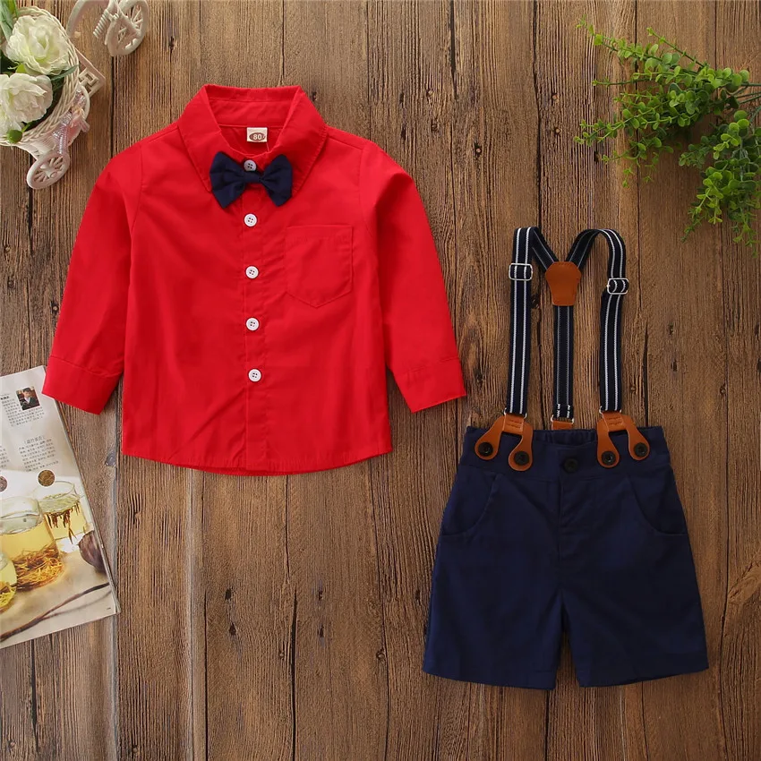 Детская красная клетчатая длинная футболка для маленьких мальчиков синие шорты на подтяжках осенняя одежда для маленьких мальчиков из 2 предметов От 1 до 6 лет