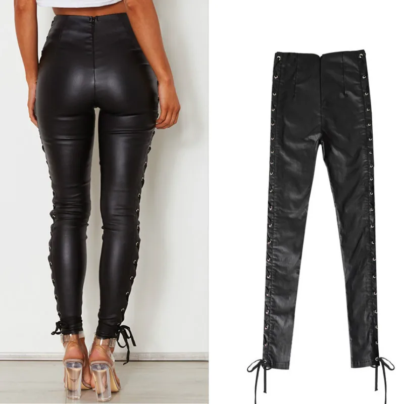 Осенние женские брюки из искусственной кожи с высокой талией, черные кожаные брюки-карандаш с эффектом пуш-ап и боковой полосой, обтягивающие джинсы с покрытием в английском стиле