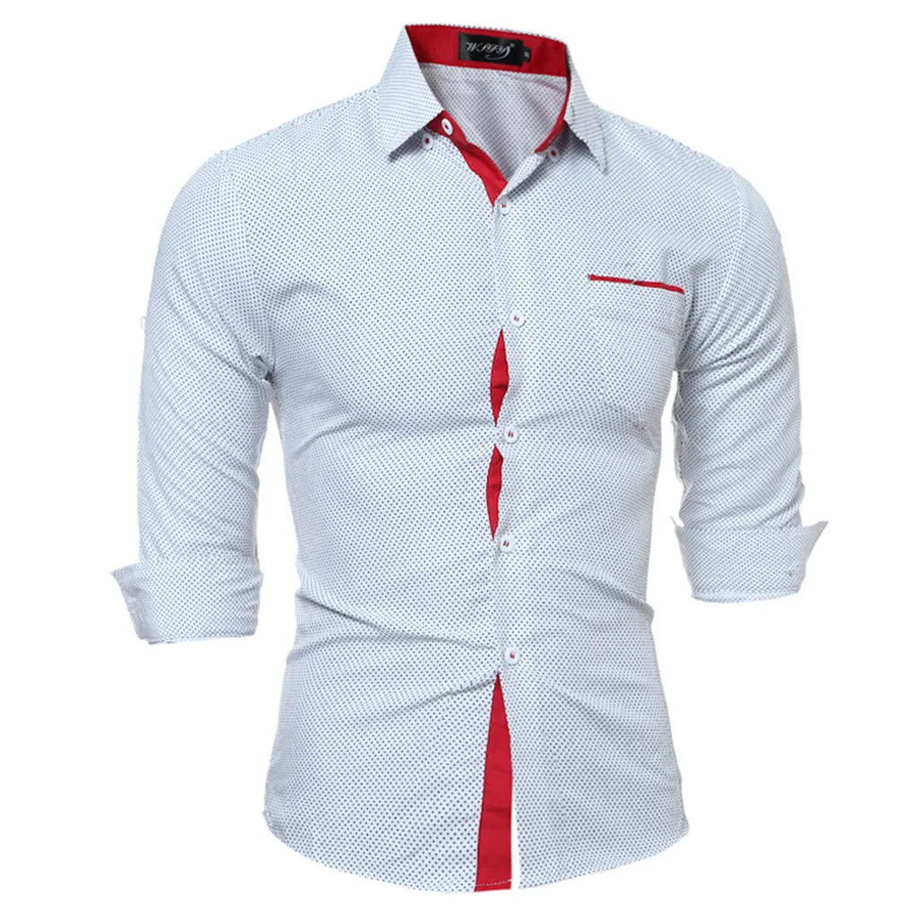 Мужская одежда, рубашки с длинным рукавом, модная блузка, топы, camisa masculina, мужские рубашки, облегающие, в горошек, d90622