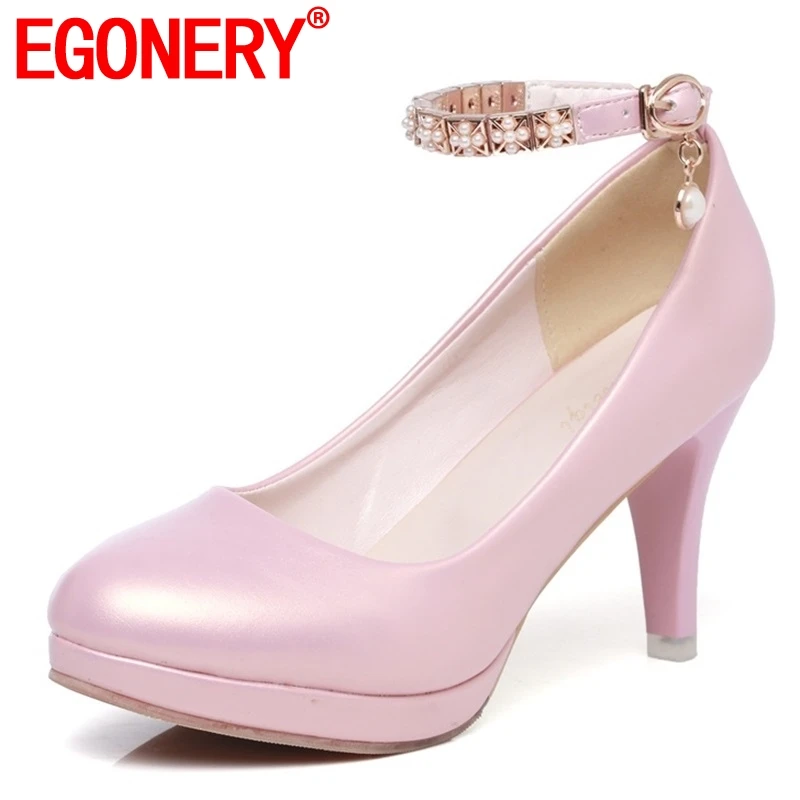 

EGONERY new arrival pearl Strappy Shoes buckle Lolita Shoes Sweet Bow Round Toe Platform Pumps High Heels 8cm