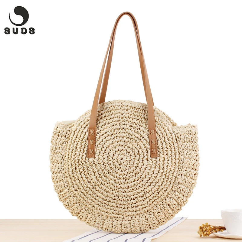 

SUDS Round Large Capacity Straw Beach Bag Women Tote Handbags Weave Big Ladies Shoulder Summer Bags Female Purse Vacation Travel