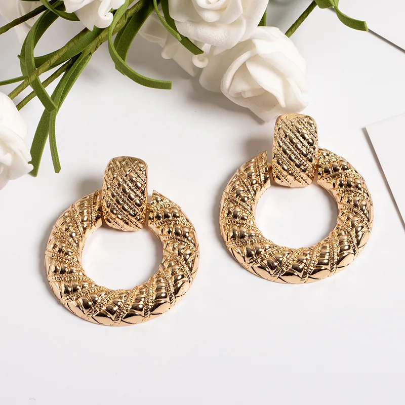 

UJBOX 2019 Gold Alloy Metal Pattern Earrings Women Big Heavy Wedding Statement Party Drop Earrings Top Quality