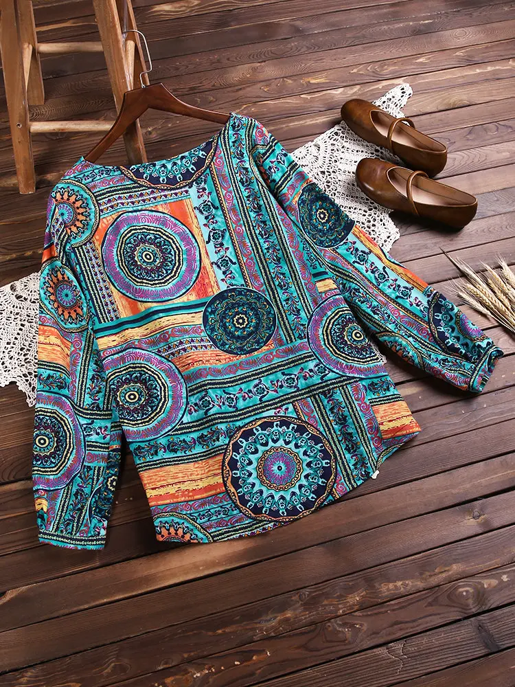 

Women Boho Floral Printed Loose Flower Shirt Autumn Blouse Vintage O Neck Long Sleeve Female Cotton Linen Lace Patchwork Tops