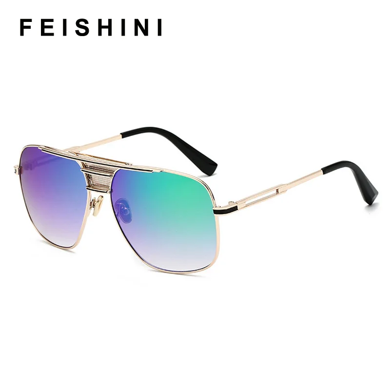 FEISHINI солнцезащитные очки как у знаменитостей мужские ретро брендовый дизайн металлическая большая рамка градиентные цветные линзы Модные крутые мужские солнцезащитные очки Щит