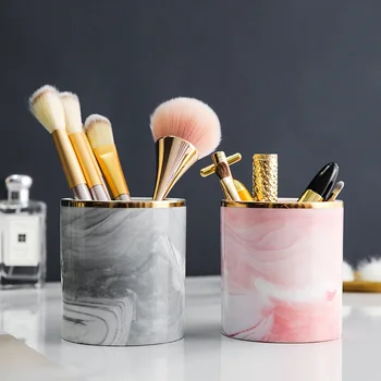 

Round Marble Storage Ceramic Jar Makeup Brush Pen Tank Knife Fork Storage Holder Home Bathroom Office Kitchen Desktop Organizer