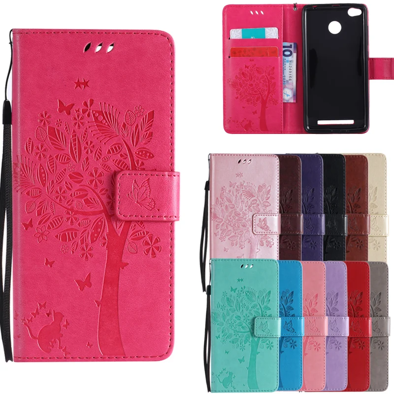 For Coque Xiaomi Redmi 3S 3 S Case Cat and Tree Embossed Flip Wallet Stand font