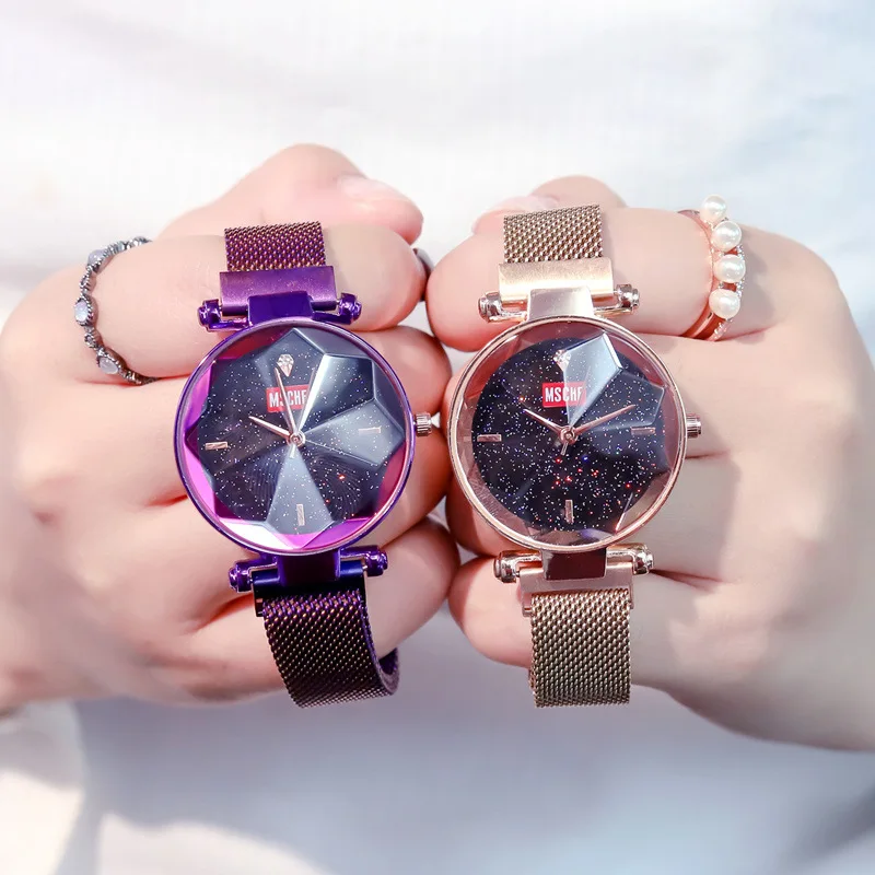 

2019 New Gypsophila Women Watch Fashion Casual Ladies Magnet Mesh Wrist watch Gift for Wife Polygonal Mirror Starry Sky Female
