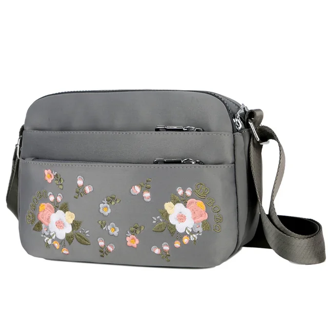 Luxury Brand Flower Shoulder Bag Women Small High Quality Nylon Tote Top-handle Travel Crossbody Bag Embroidery Messenger Bags gray