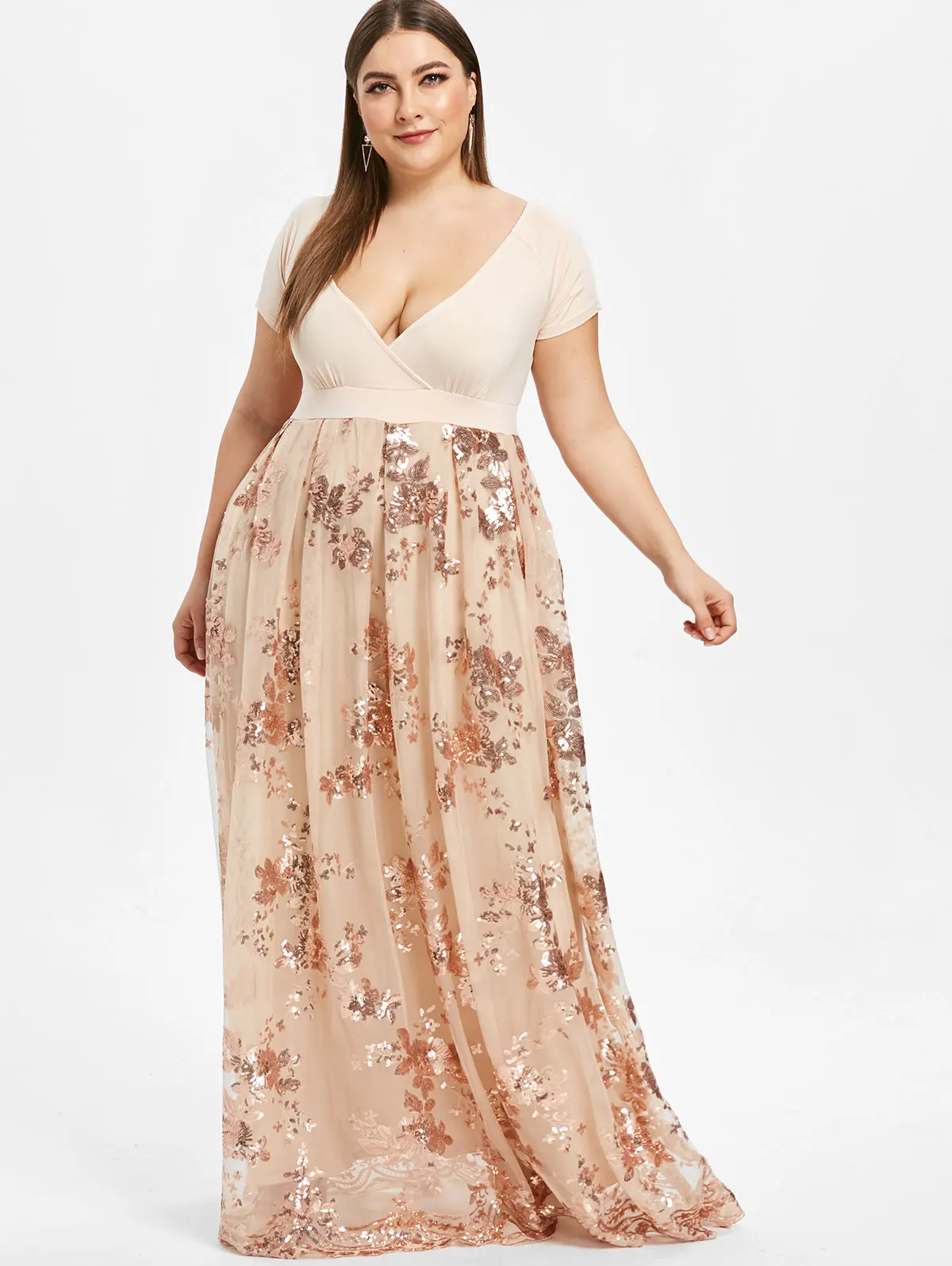 Rosegal размера плюс цветочное расшитое блестками платье макси для женщин глубокий v-образный вырез короткий рукав женские платья Элегантное Вечернее Платье Vestidos