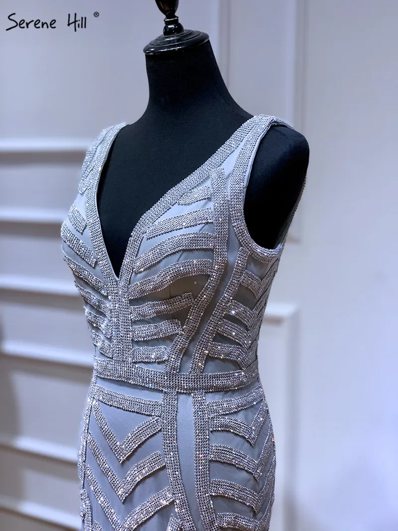 Дубай роскошный серый v-образным вырезом сексуальное вечернее платье 2019 полный кристалл без рукавов вечерние платья для женщин LA6212