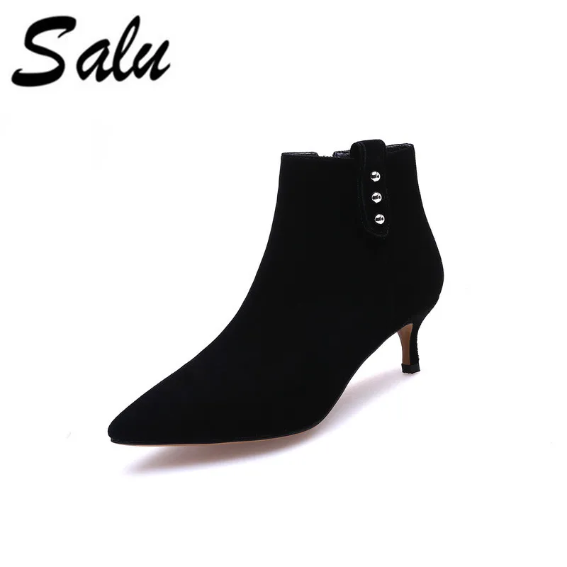 

Salu woman boots Fashion Foil Sheep Suede Snow Boots ankle boots Genuine Leather Square High Heel Women Boots