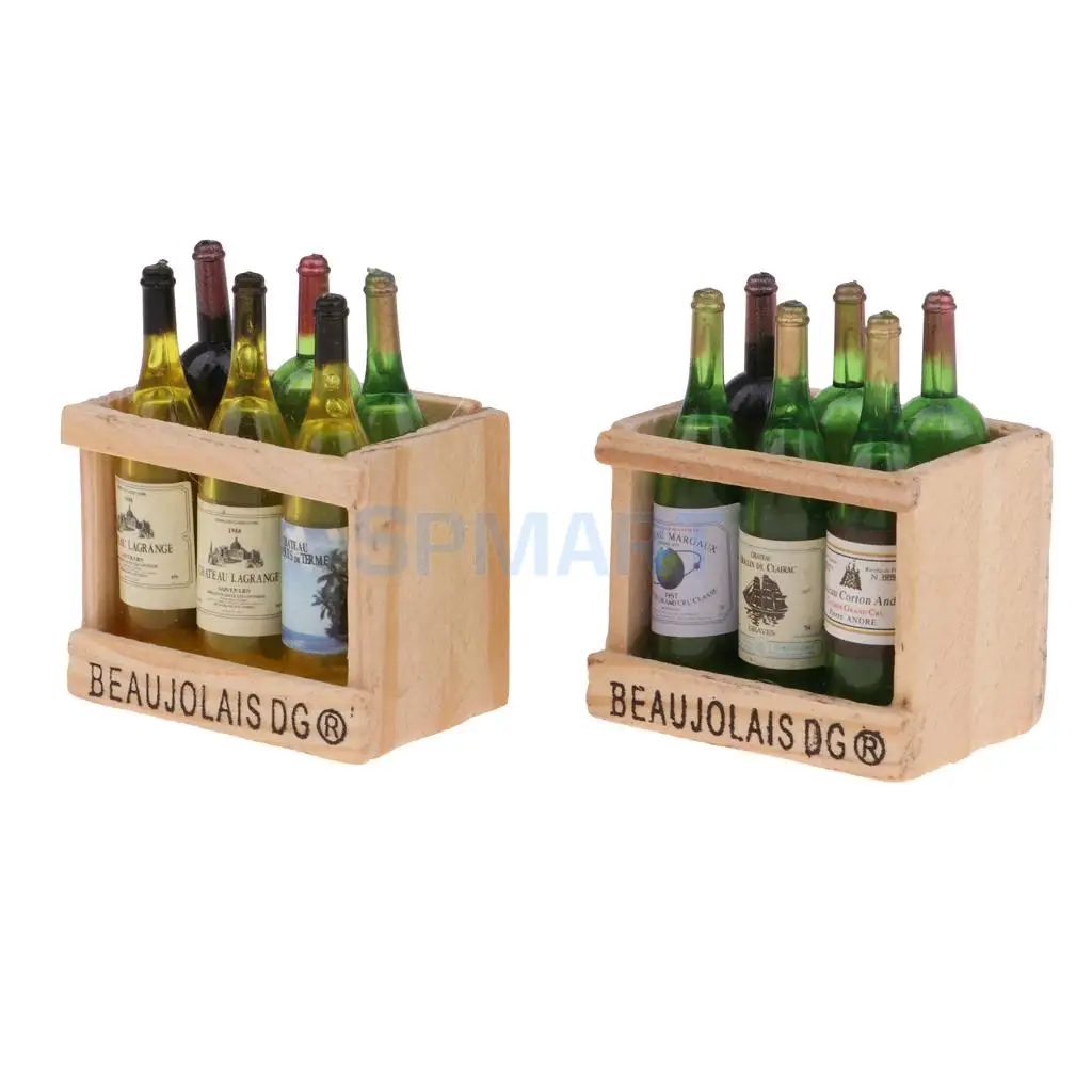 2 Set/ 12 Pieces Miniature Beer Wine Bottles With Magnet Wooden Storage Box 1/12 Dollhouse Kitchen Life Scenes Decoration