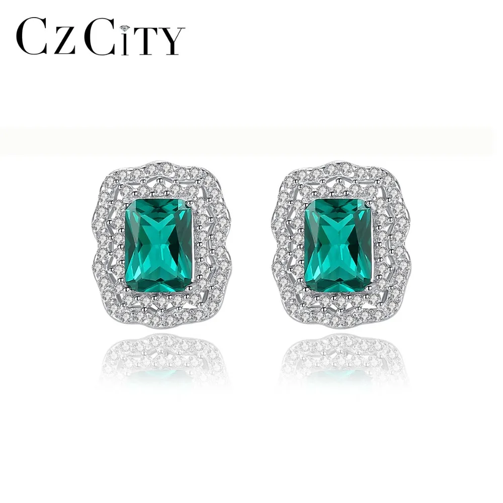 

CZCITY Mystic Cutting Luxury Emerald Stud Earring For Women Shining Double Zircon Temperament Earring Wedding Silver 925 Jewelry