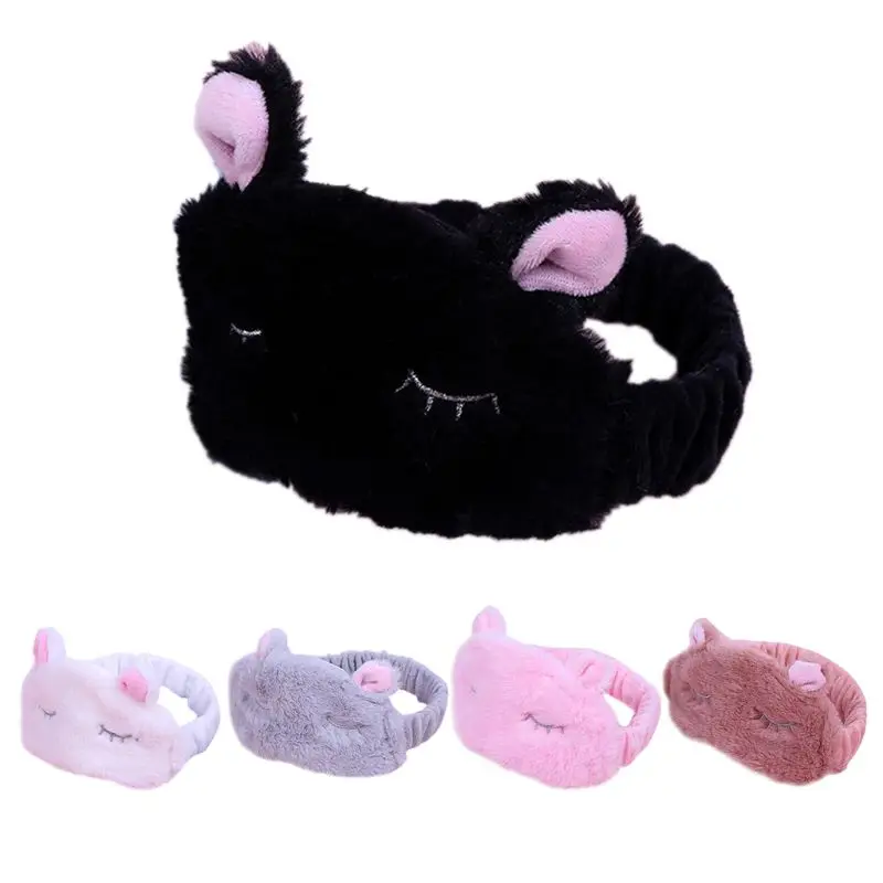 

5 Colors Women Wide Fluffy Plush Bathing Headband Short Rabbit Ears Sleeping Eye Embroidered Hairband Elastic Eye Mask