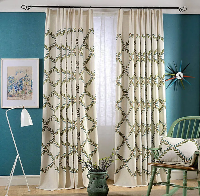 Вышивка хлопок шторы тюль ветви ромбы геометрические бежевый синий зеленый гостиная спальня украшения для балкона cortinas