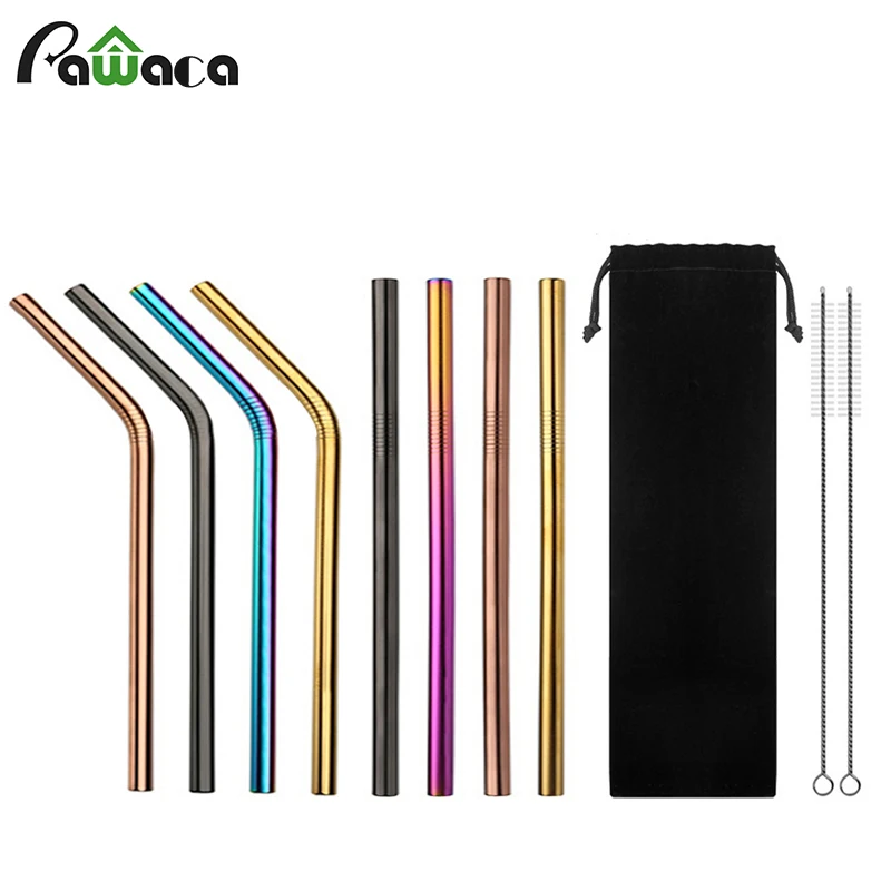 

8Pcs Wide Straw Stainless Steel Smoothie Straws Reusable Straight Bent Metal Drinking Straw for Bar Party with Cleaning Brush