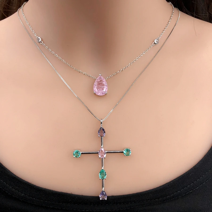Очаровательные Подвески в виде креста, ожерелье, много цветов, прозрачный натуральный кристалл, стеклянный камень для женщин, зеленый Фианит, цепочка, ожерелье, модное ювелирное изделие