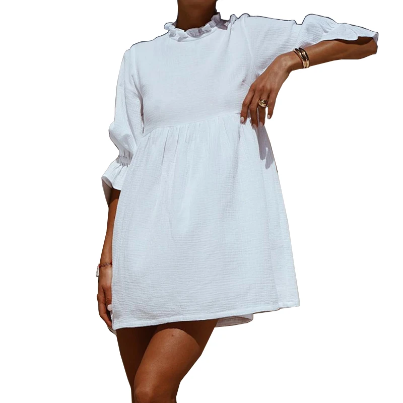 

2019 Summer Women Solid Mini Straight Dresses Ladies Ruffles Loose Half Sleeve Shirt Party Dress Women Fashion Casual Sundress