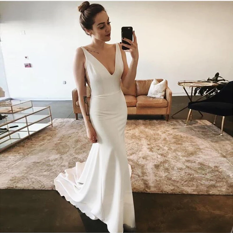 

Cheapest Mermaid Beach Wedding Dresses Sexy Deep V-neck Backless Satin Bridal Dresses Sweep Train Custom Made 2019 New Arrival