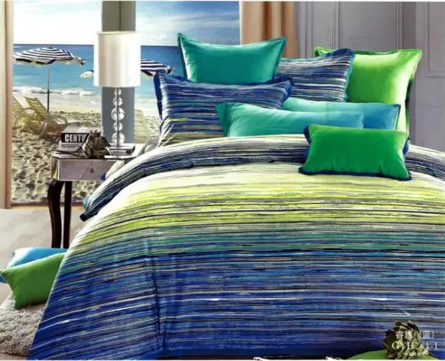 Blue green striped Egyptian cotton bedding set queen quilt duvet cover