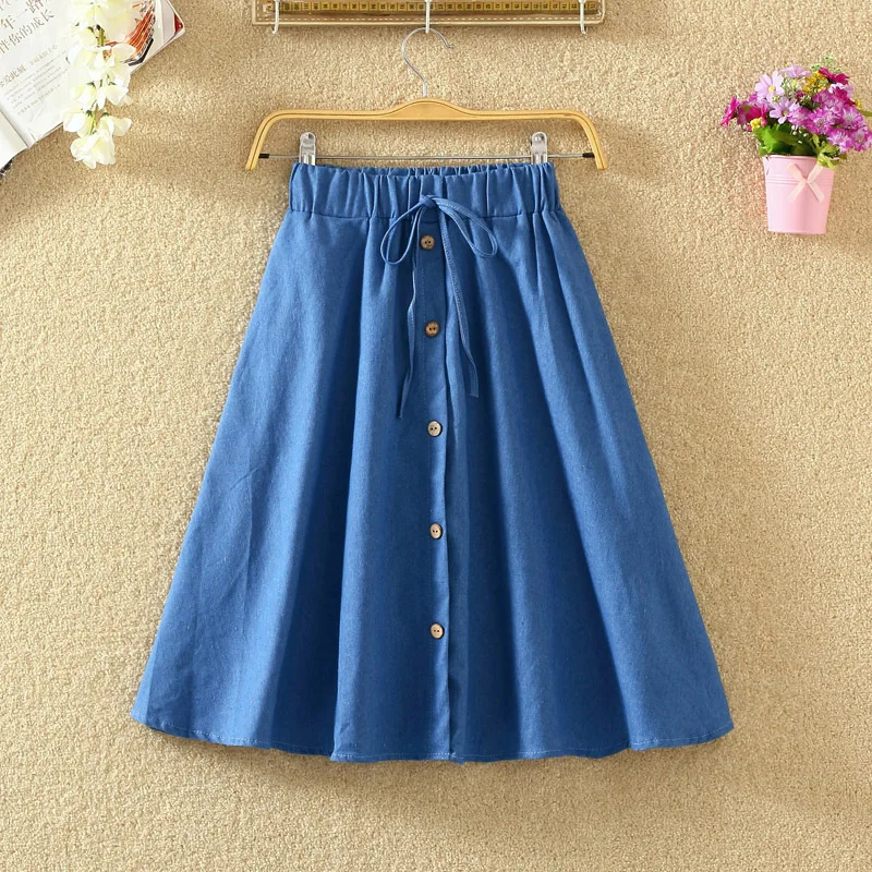 High Waist Jeans Skirt For Women Solid Striped Skirts Womens Single-breasted Denim Blue Jean Skirts Womens Jupe Femme