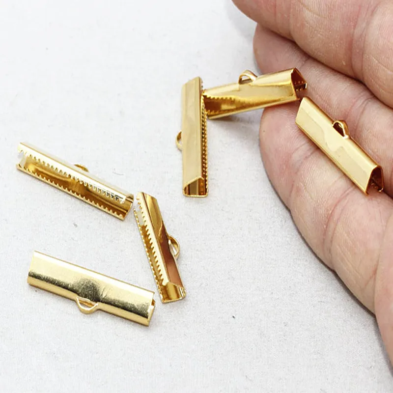 10 Pcs Gold Plated Ribbon Crimp , Cord End, Clasp, brass Size 7 50mm