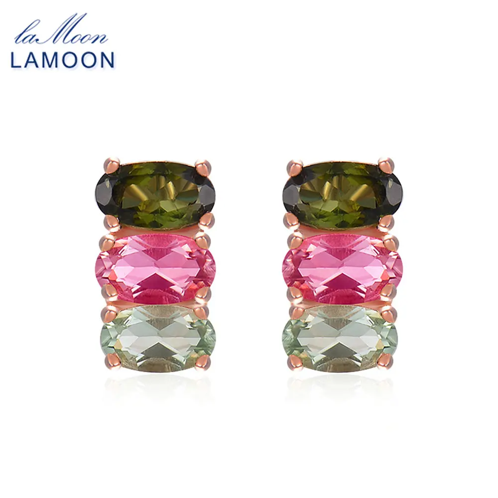 LAMOON Classic 100% Natural Multi-Color Oval Tourmaline 925 Sterling Silver Jewelry S925 stud Earrings LMEI035