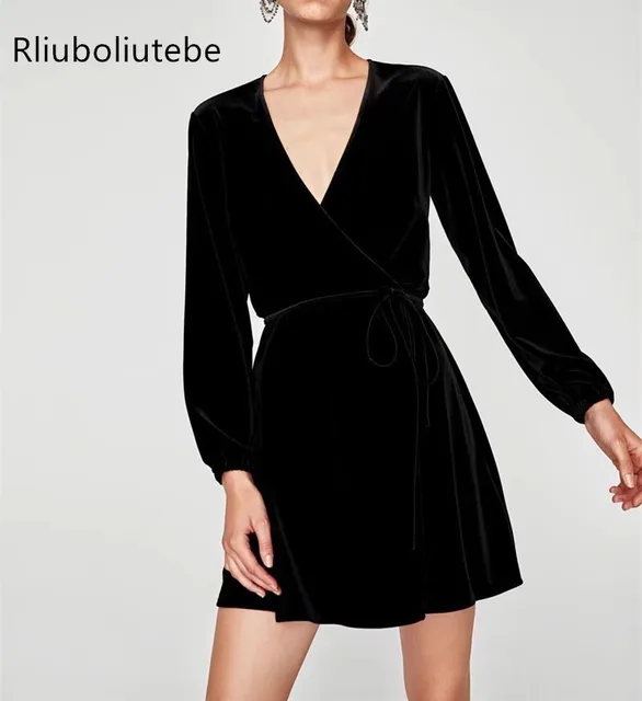 Velvet Wrap Dress Women Autumn Winter Tunic Long Sleeve Mini Black Velvet Wrap Dress Women Autumn Winter Tunic Long Sleeve Mini Black Red Work Office Dresses V