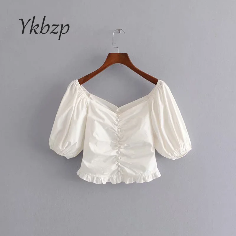 

Summer Women Square Neck button Top Spliced Ruffle Hem with Puff Sleeve Short Sleeve Tops short shirts women
