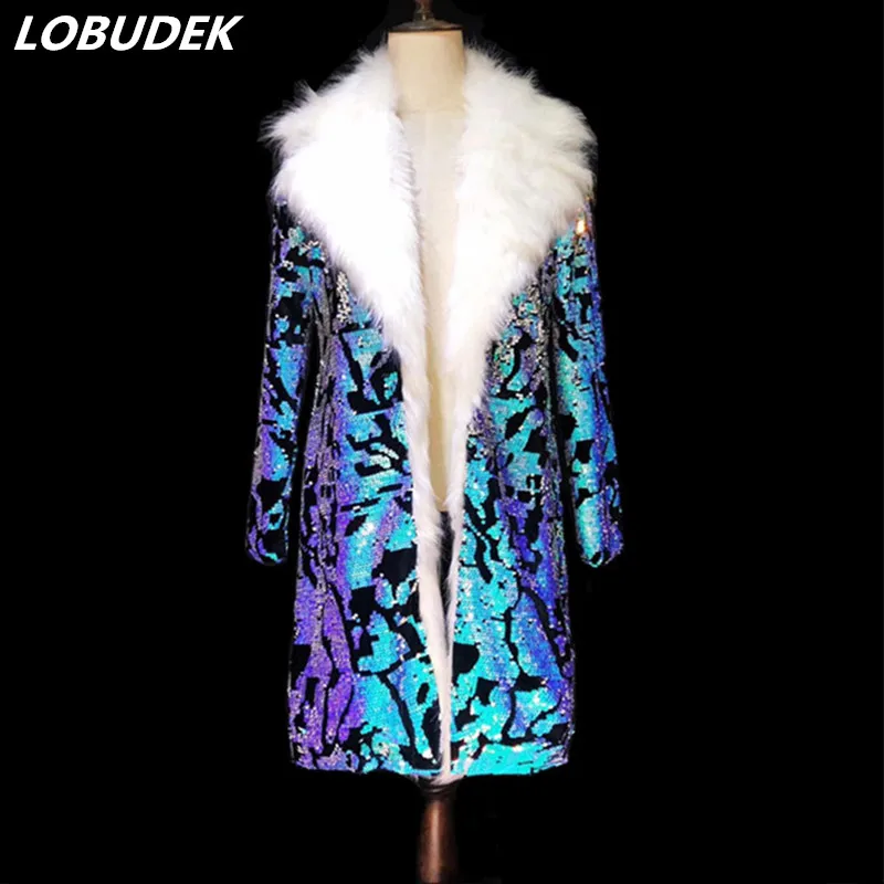 

Men's Punk Style Shining Blue Sequined Outerwear Reflective Sequins Faux Fur Long Coat Tide Male Nightclub Performance Overcoat