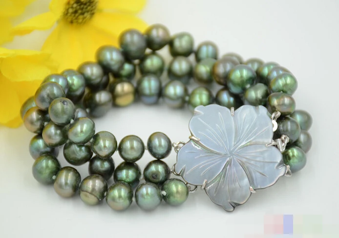 

FREE SHIPPING>>>@@ > 01231 3row 8" green round freshwater cultured pearl bracelet