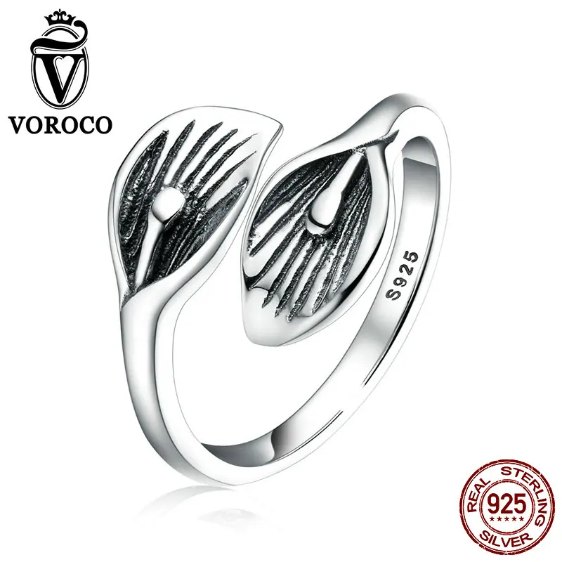 

VOROCO Vintage Authentic 925 Sterling Silver Leaf Flower Open Finger Rings for Women Fine Adjustable Ring VSR060