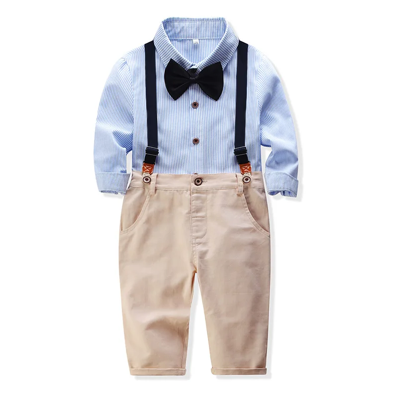 

2019 Autumn boys cotton bow striped long sleeve shirts +bib pants suit kids outwear party gift fashion gentleman clothes set
