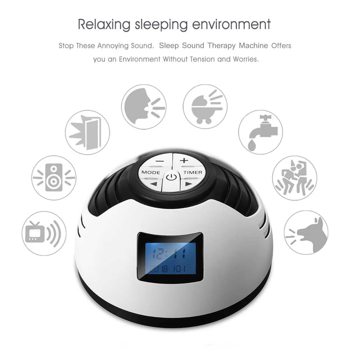 

Sleep Sound Therapy Machine Great Gift for Child with 6 Nature Sound Relax Baby Alarm Timer Clock Clearly LCD Time Display White