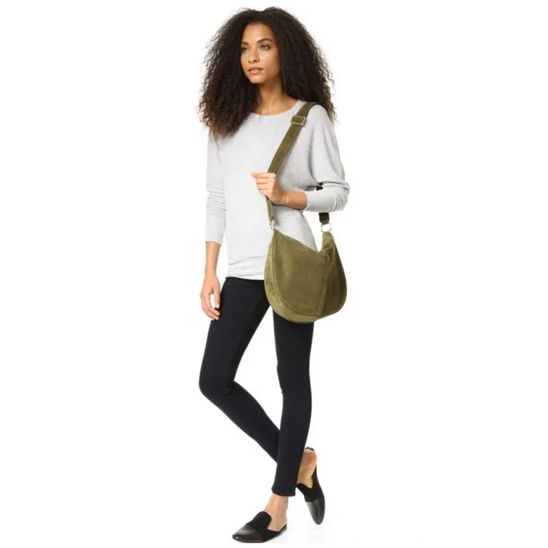 Women Genuine Leather Messenger Bag Casual Vintage Simple Trendy Hobos dark khaki Nubuck Suede Feminine Over Shoulder Bag dark grey nubuck leather handbag