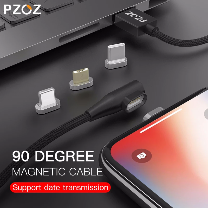 Магнитный кабель PZOZ, micro usb, быстрое зарядное устройство, type-c, usb для iphone xs max, xr, x, 8, 7 plus, 6s, 6, 5 s, Магнитный зарядный кабель на 90 градусов