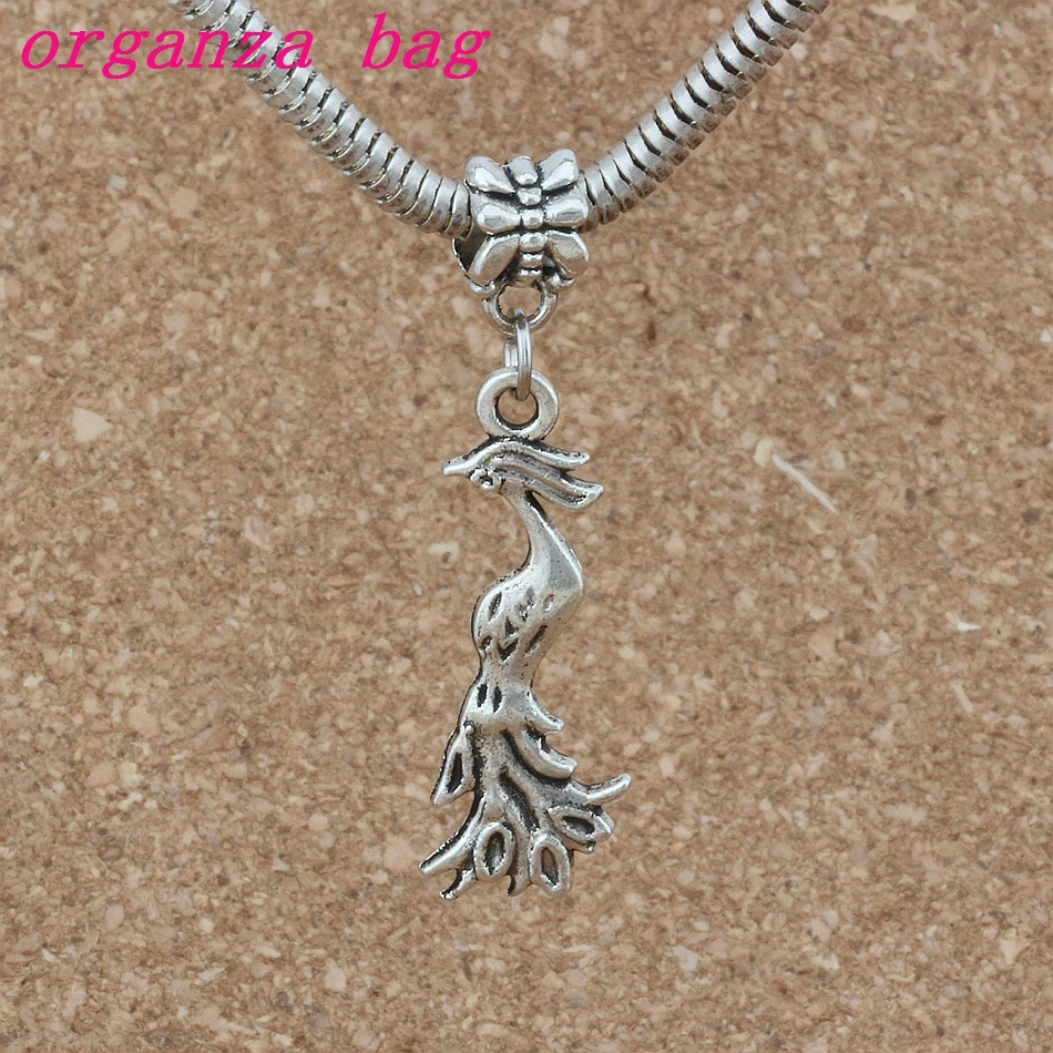 

100pcs/lot Dangle Ancient silver Phoenix Bird Charm Big Hole Beads Fit European Charm Bracelet Jewelry 11.5x44mm A-252a