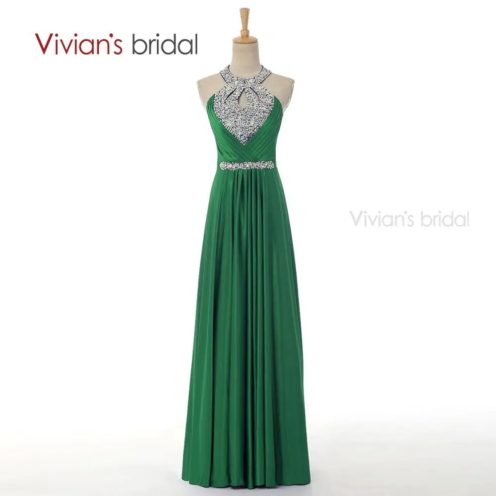 Vivian's Bridal A Line вечернее платье длинное Бисероплетение Кристалл Холтер атласное Формальное вечернее платье ED8010 - Цвет: Green