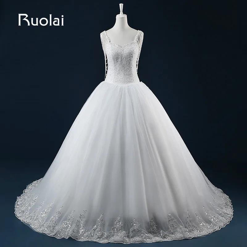 

Real Photo Heavy Beaded Top Spaghetti Straps Sweetheart Ball Gown Wedding Dresses Dubai Lace Edge Pearls Bridal Gown FW78