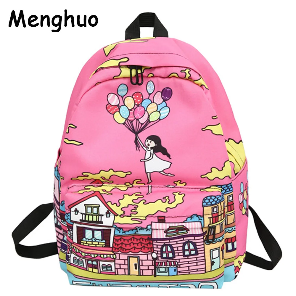 

Menghuo Fresh Style Women Backpacks Cartoon Print Bookbags Canvas Backpack School Bag for Girls Rucksack Female Travel Backpack