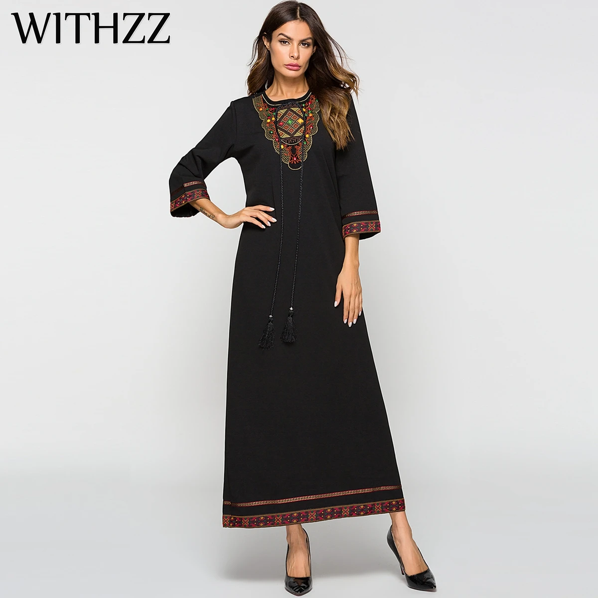 

WITHZZ Autumn Arabian Muslim Middle Eastern Robe Patch Beaded Slim Fringe Cropped Sleeve Dress Female Party Prom Gowns Dresses