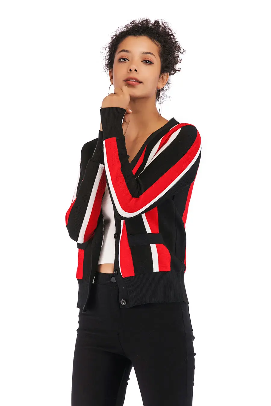 Gladiolus 2018 Autumn Winter Knitted Sweater Women Long Sleeve V-Neck Singer Breasted Pocket Striped Cardigan Women Sweater Tops (17)