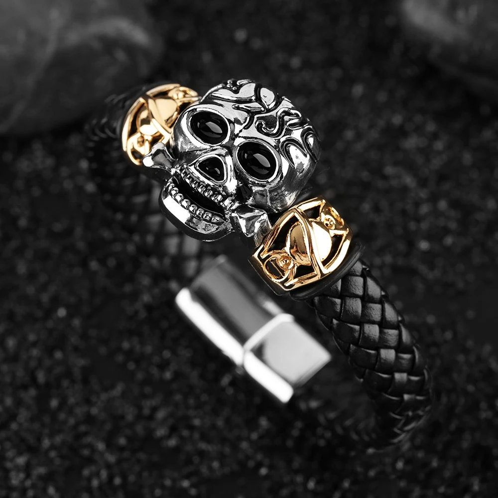 Lion Skull Eagle Punk Woven Bracelets Men Hot Sale Charm Bracelet Male Steampunk Skeleton Bangle Chain Black Leather Bangles (20)