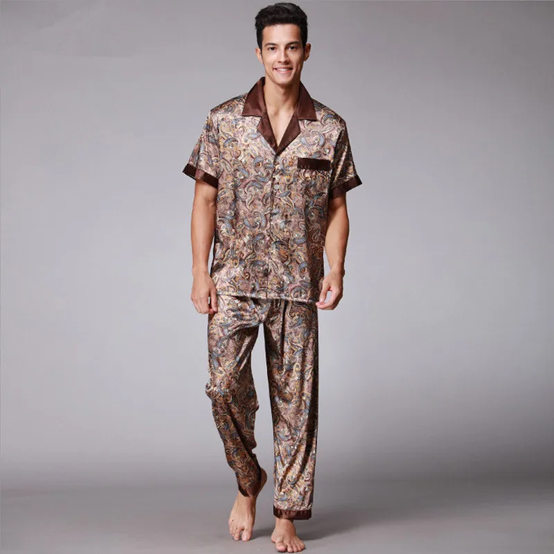 Paisley Silk Pajamas Men Summer Short Sleeve Satin Sleepwear Male Plus