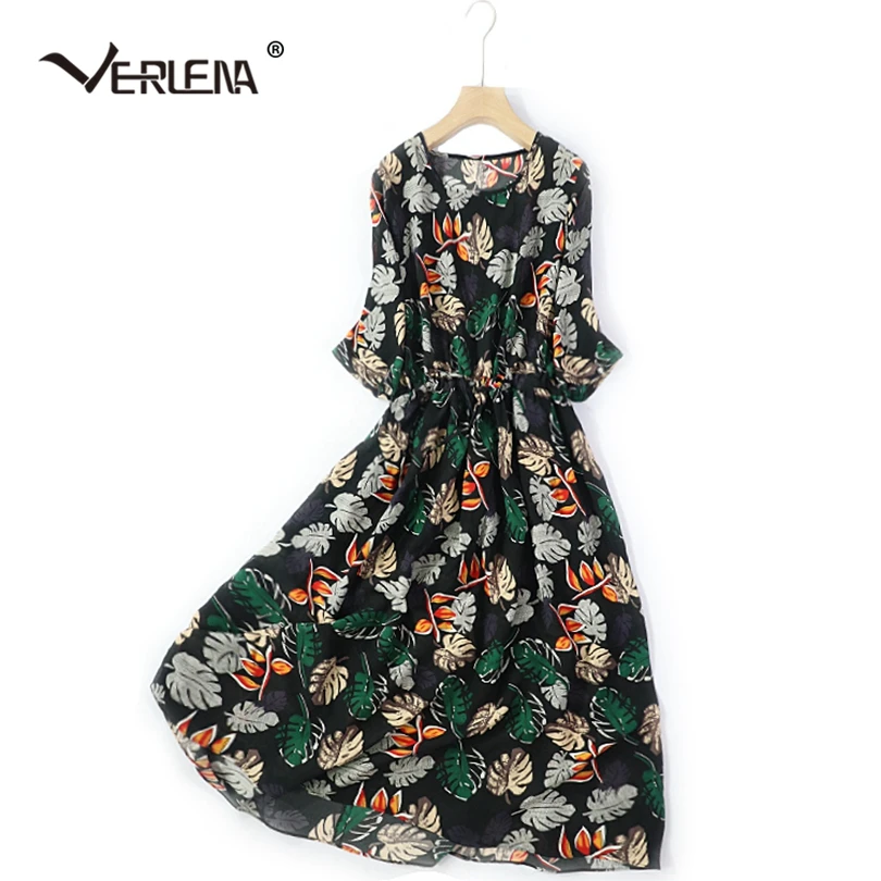 

Verlena Coconut Leaves Pattern Print 95% Silk Dress Women Half Sleeve O-Neck Drawstring Waist Midi Calf Cool Summer Dreee 2019