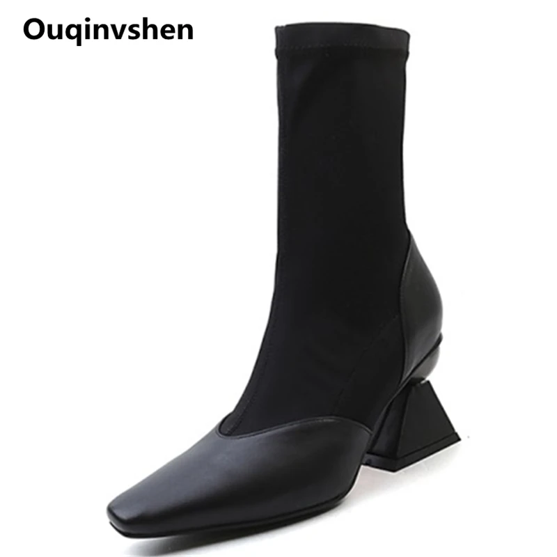 

Ouqinvshen Strange Style Sock Boots Off White Fashion Casual Sewing Mixed Colors Pumps Shoes Women Square Toe Winter Boots Heels