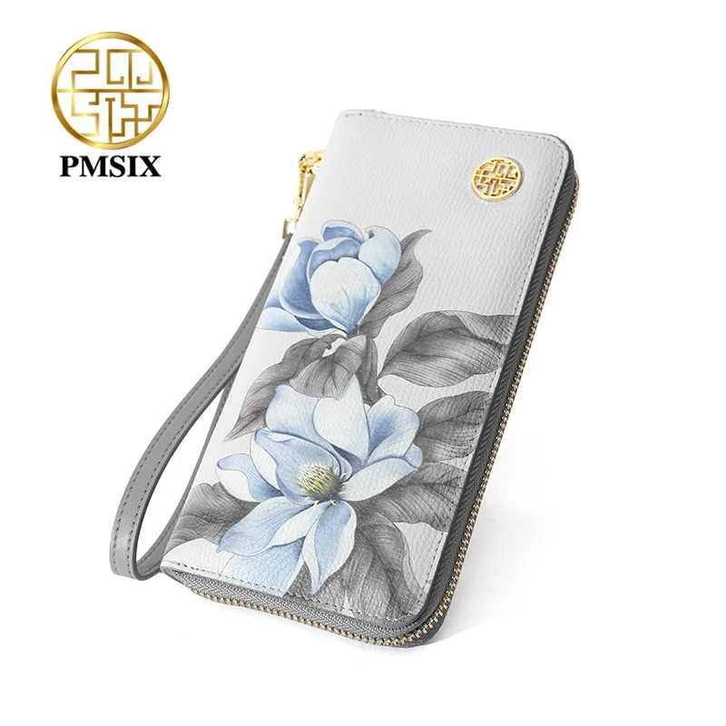 PMsix Модный женский кошелек из коровьей кожи с цветочным принтом Длинный на молнии