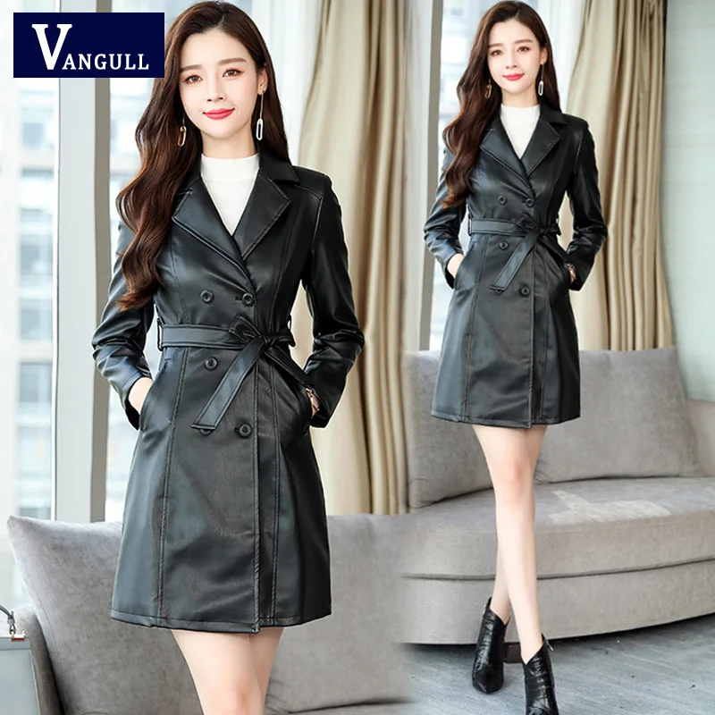 VANGULL Women Sheepskin PU Leather Jacket Belt Gothic Black Trench Free Wash Autumn Winter Double-breasted Plus Size Cotton Coat